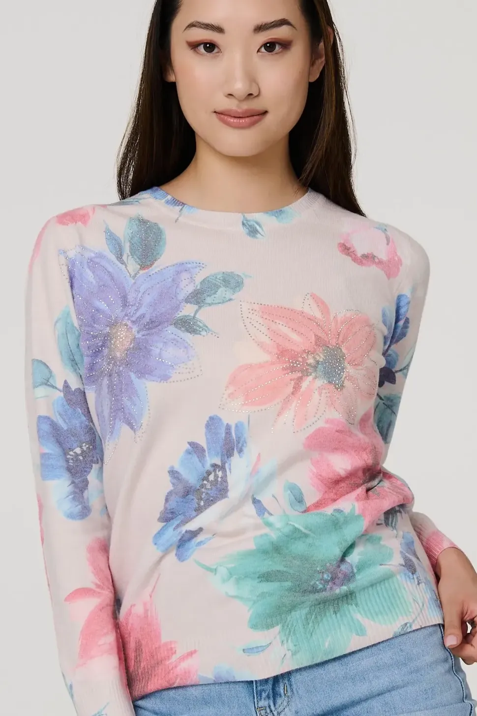 Floral Diamante Detail Long Sleeve Jumper