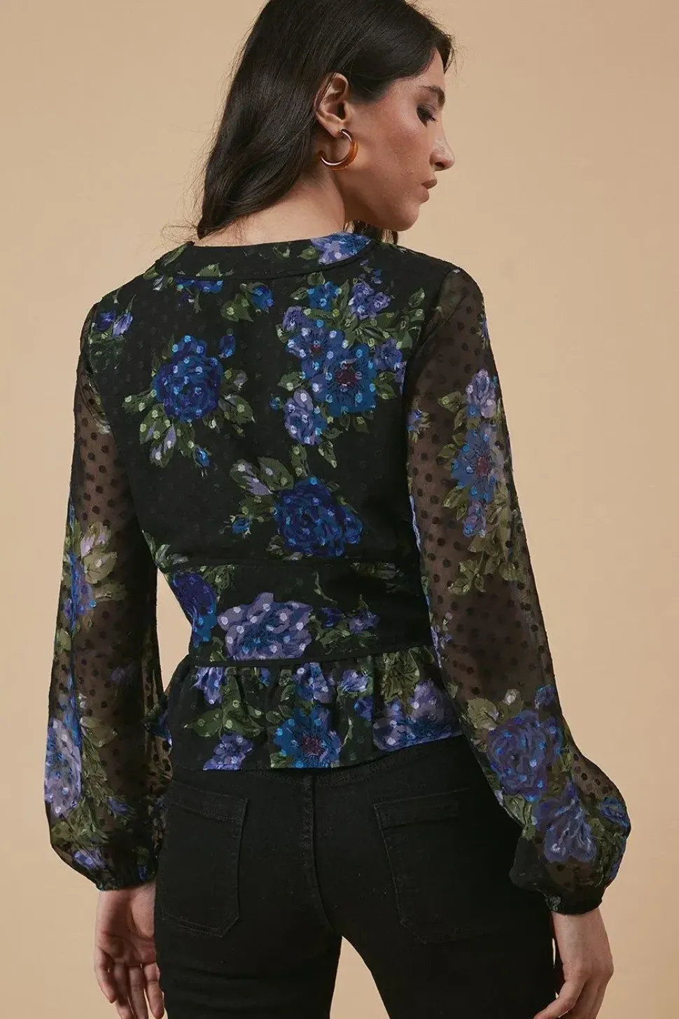Floral Dobby Chiffon Contrast Detail Button Through Blouse