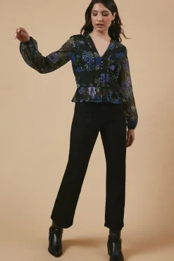 Floral Dobby Chiffon Contrast Detail Button Through Blouse