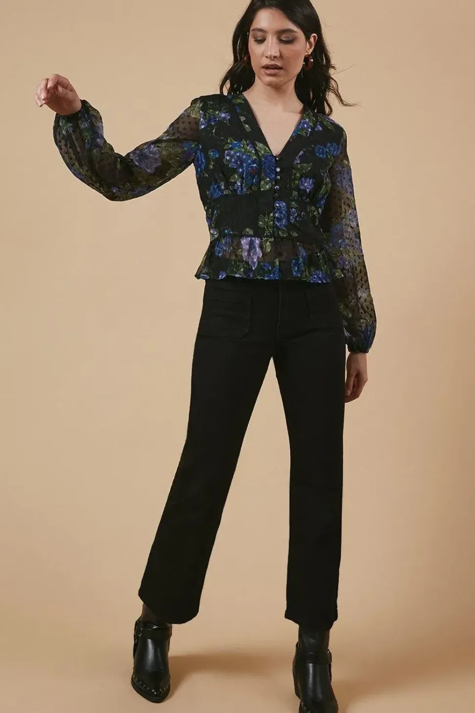 Floral Dobby Chiffon Contrast Detail Button Through Blouse