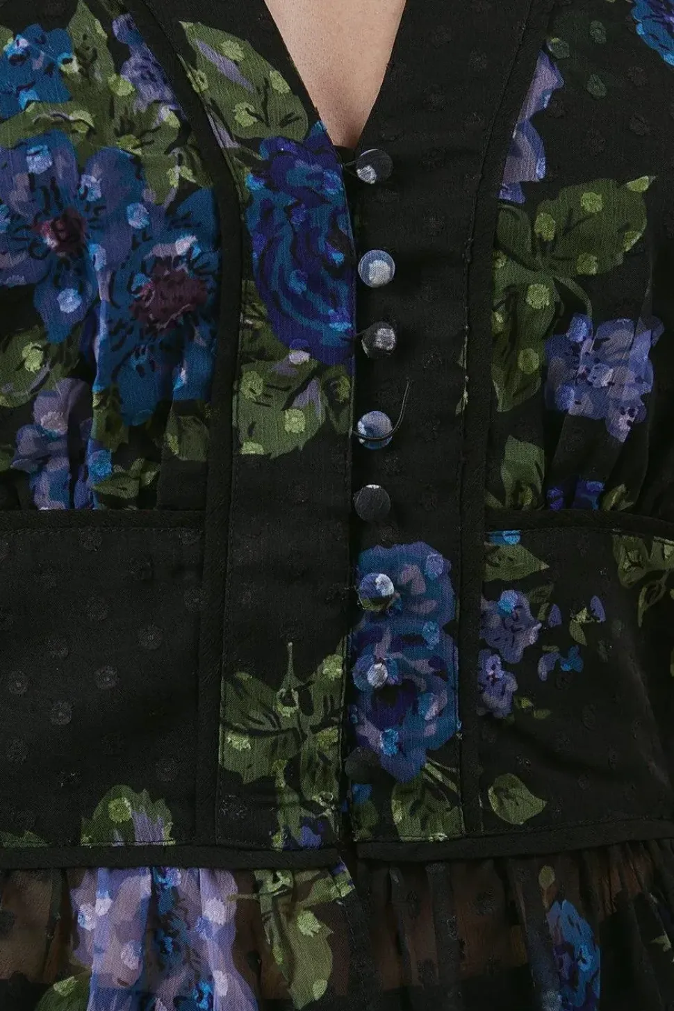 Floral Dobby Chiffon Contrast Detail Button Through Blouse