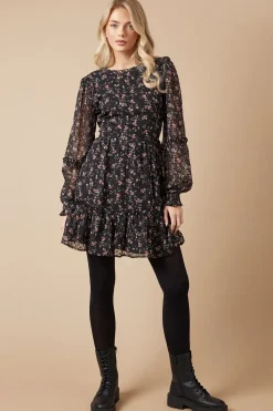 Floral Dobby Chiffon Ruffle Detail Mini Dress
