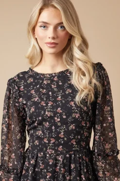 Floral Dobby Chiffon Ruffle Detail Mini Dress
