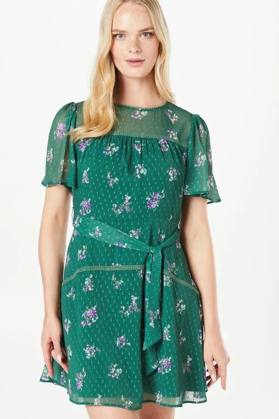 Floral Dobby Lace Insert Mini Dress