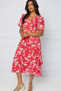 Floral Dobby Lace Trim Ruffle Midi Dress