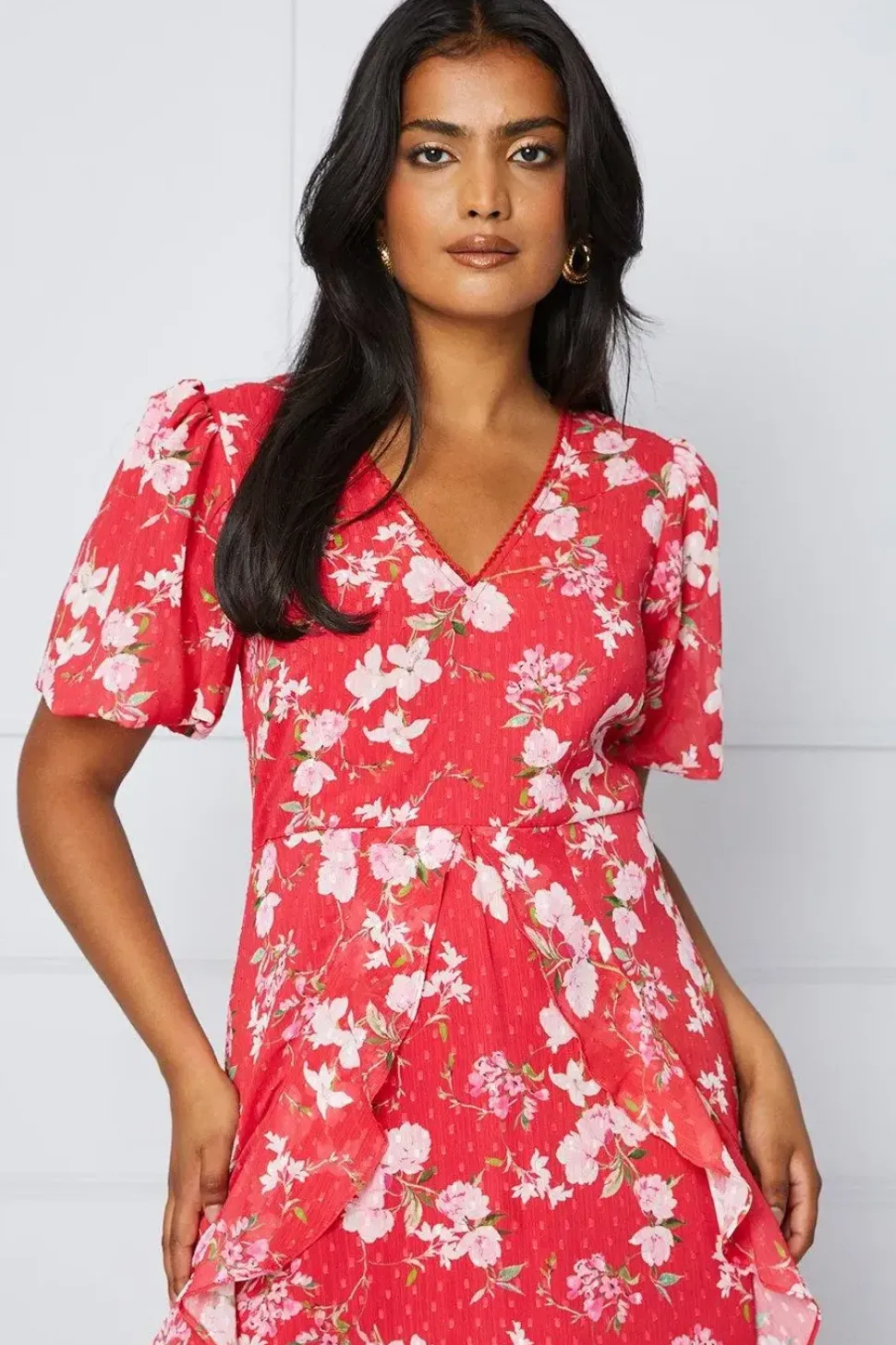 Floral Dobby Lace Trim Ruffle Midi Dress