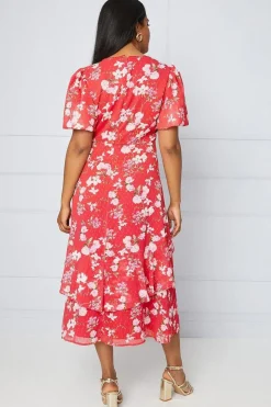 Floral Dobby Lace Trim Ruffle Midi Dress