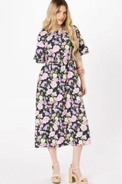 Floral Double Frill Sleeve Shirred Waist Midi Dress