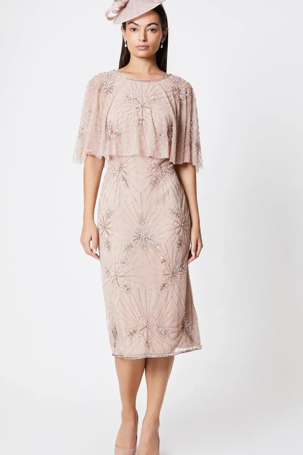 Floral Embellished Cape Midi Dress