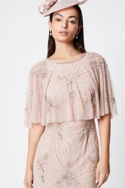 Floral Embellished Cape Midi Dress