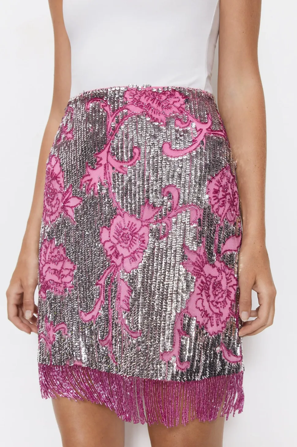 Floral Embellished Fringe Sequin Mini Skirt