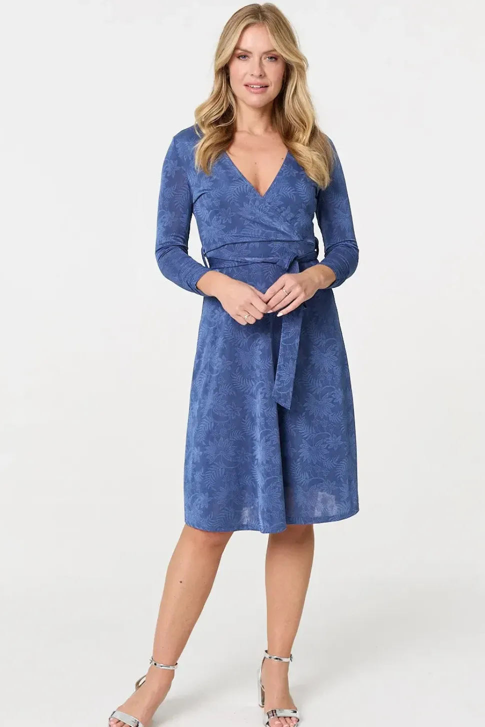 Floral Embossed Tie Waist Knee Length Dress
