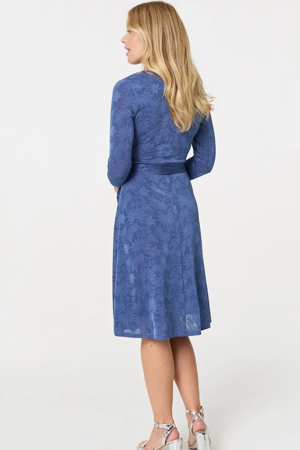 Floral Embossed Tie Waist Knee Length Dress