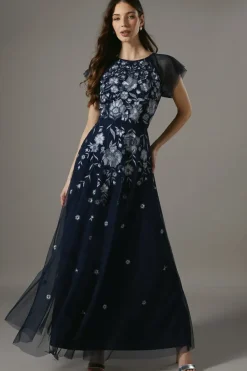 Floral Embroidered And Beaded Flutter Sleeve Maxi Dress
