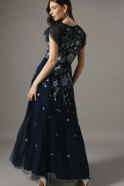 Floral Embroidered And Beaded Flutter Sleeve Maxi Dress