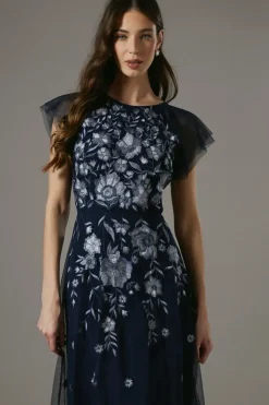 Floral Embroidered And Beaded Flutter Sleeve Maxi Dress