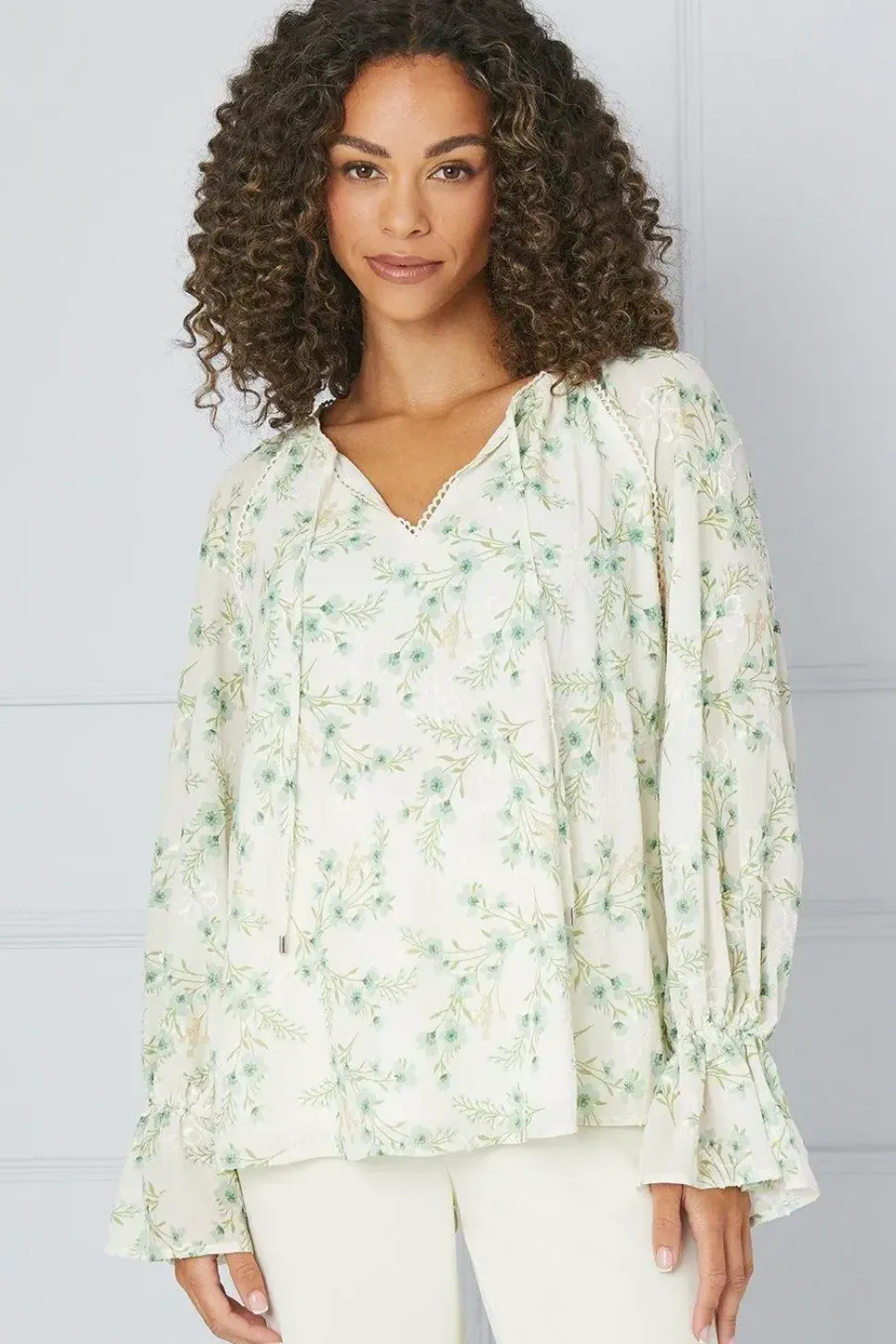 Floral Embroidered Balloon Sleeve Top