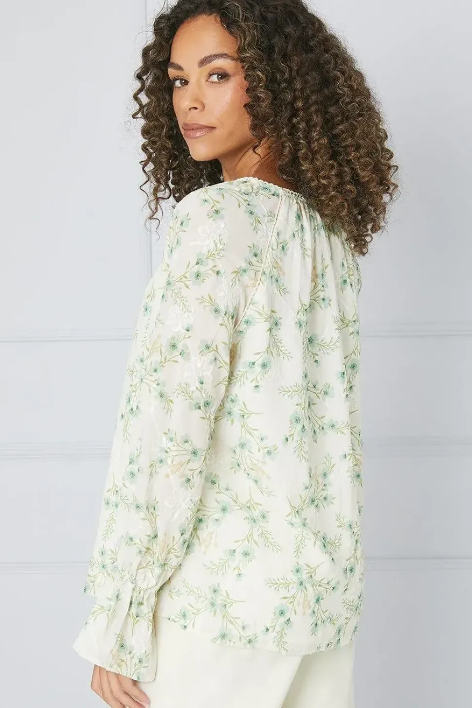 Floral Embroidered Balloon Sleeve Top