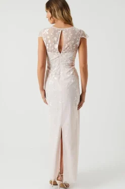 Floral Embroidered Cap Sleeve Bridesmaid Maxi Dress