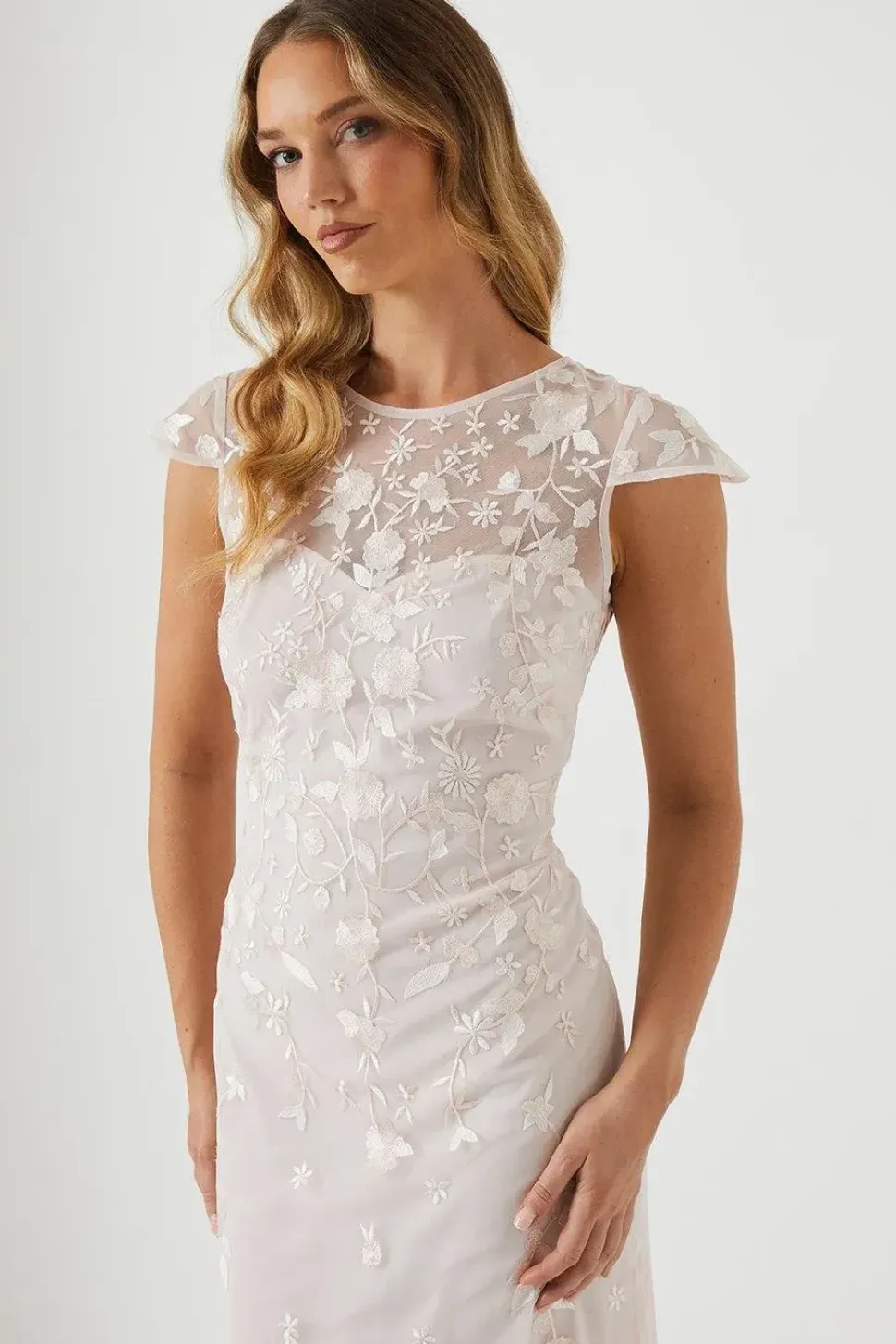 Floral Embroidered Cap Sleeve Bridesmaid Maxi Dress