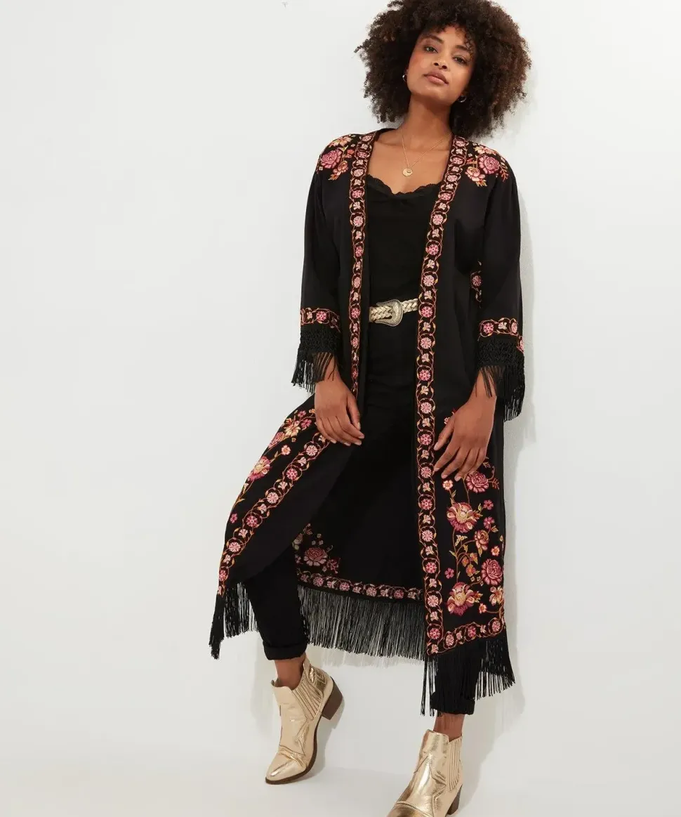 Floral Embroidered Fringe Kimono