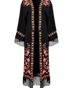 Floral Embroidered Fringe Kimono