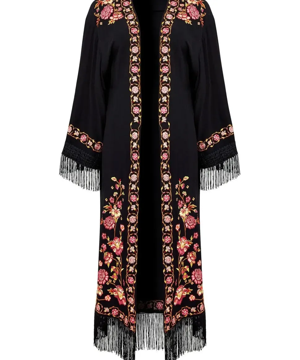 Floral Embroidered Fringe Kimono