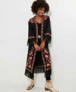 Floral Embroidered Fringe Kimono
