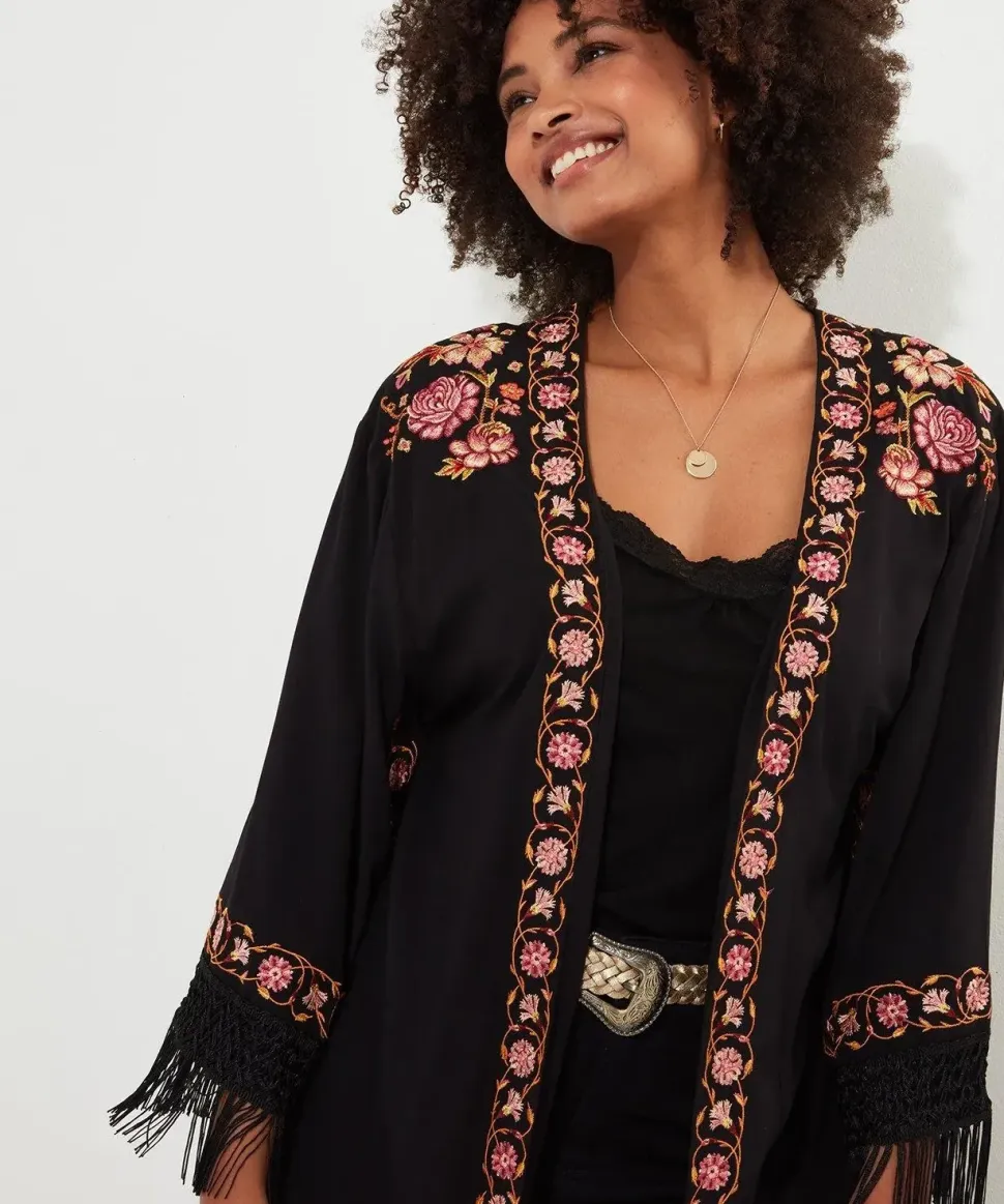 Floral Embroidered Fringe Kimono