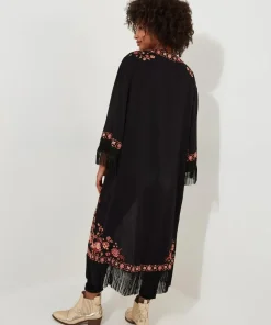 Floral Embroidered Fringe Kimono
