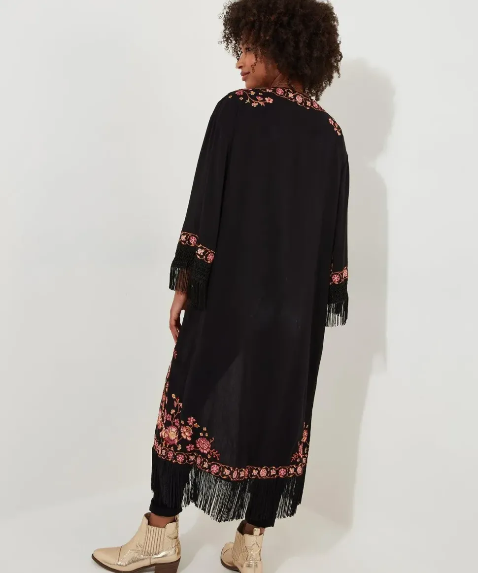 Floral Embroidered Fringe Kimono