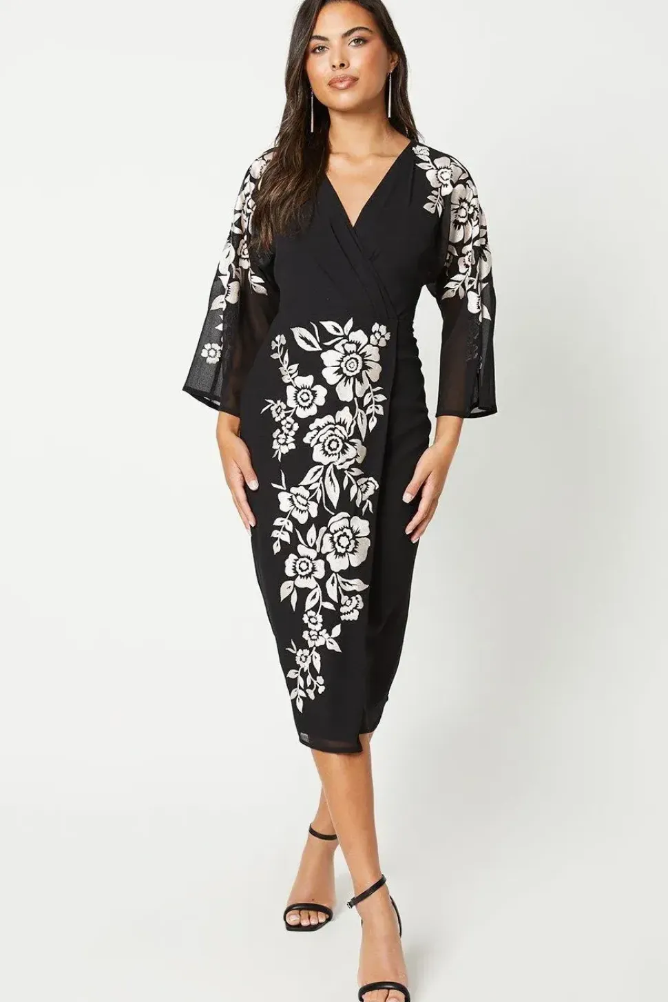 Floral Embroidered Kimono Sleeve Wrap Dress