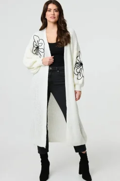 Floral Embroidered Longline Open Cardigan