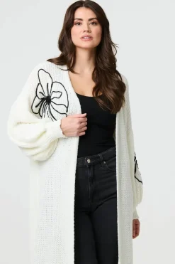 Floral Embroidered Longline Open Cardigan