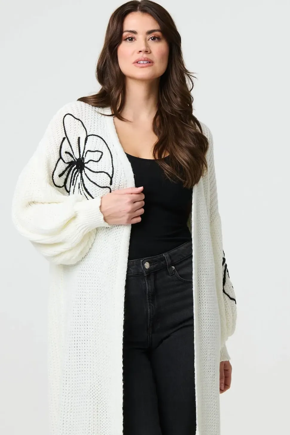 Floral Embroidered Longline Open Cardigan