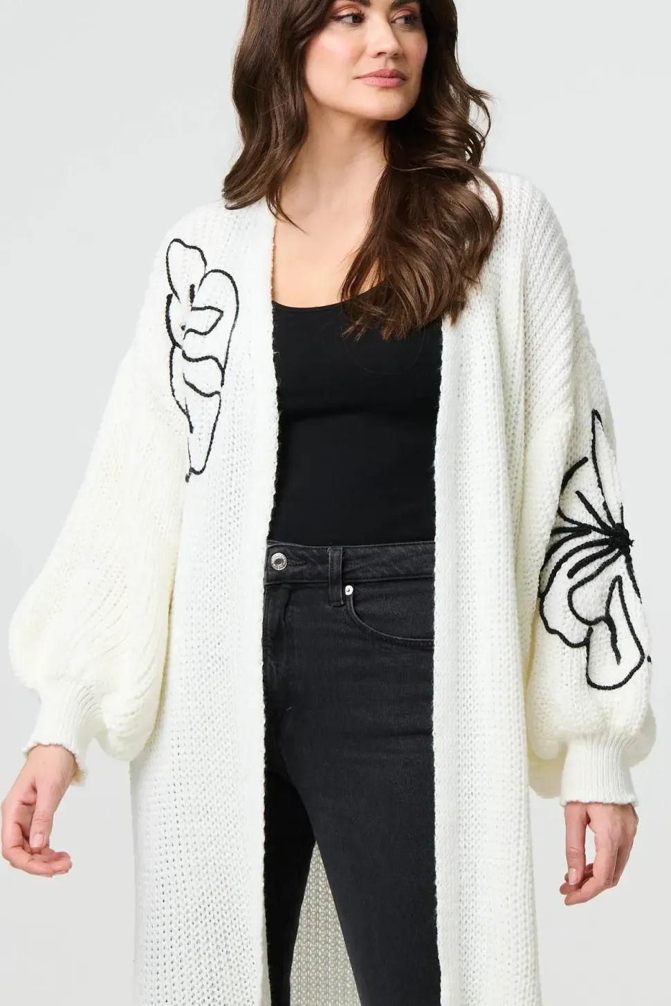 Floral Embroidered Longline Open Cardigan