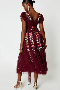 Floral Embroidered Mesh Wrap Over Waist Midi Dress