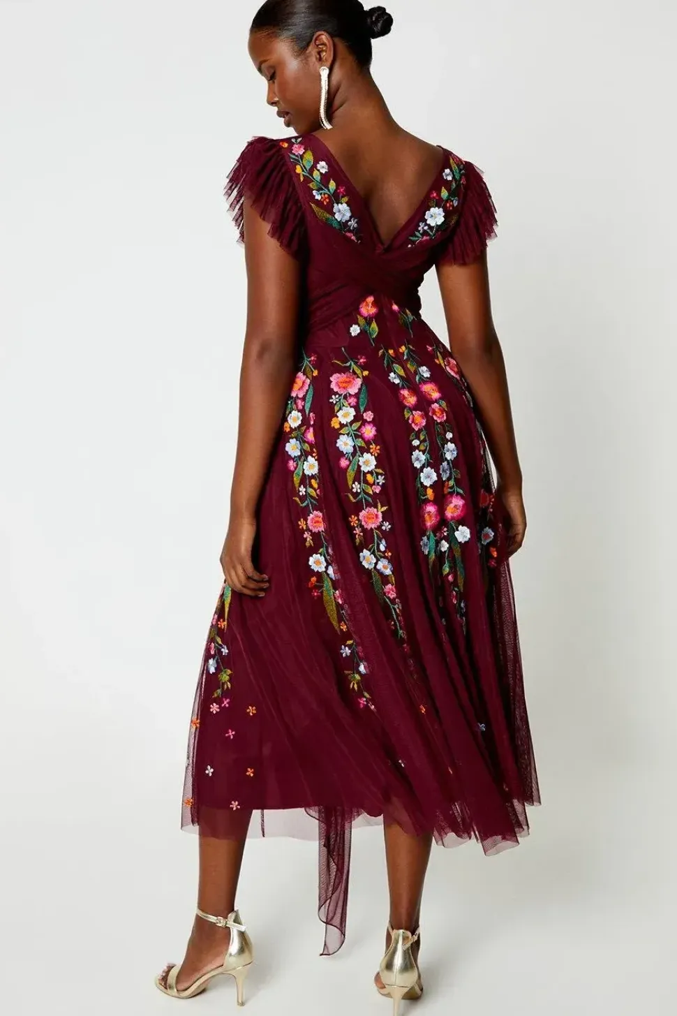 Floral Embroidered Mesh Wrap Over Waist Midi Dress