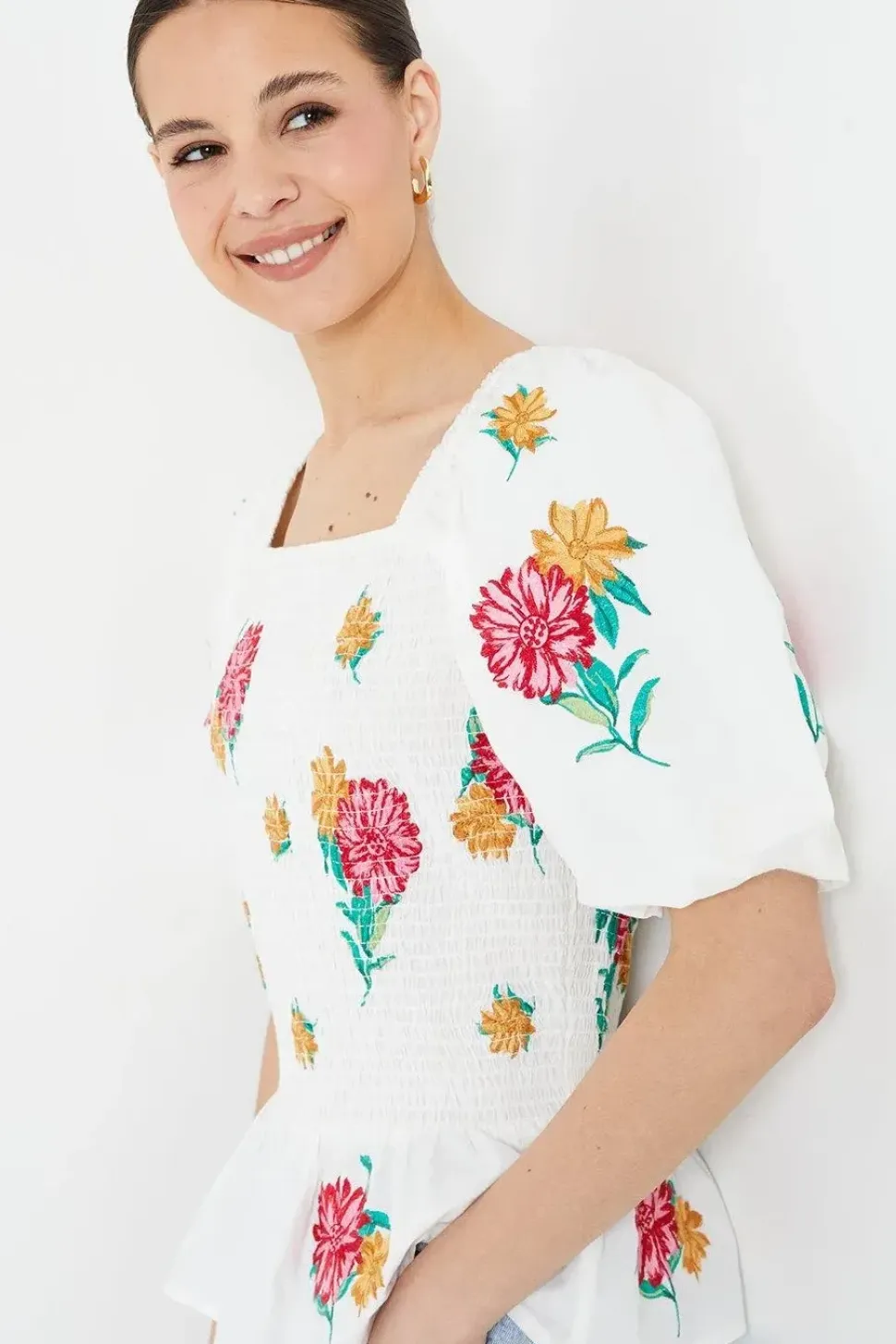 Floral Embroidered Shirred Bodice Blouse