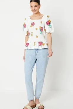 Floral Embroidered Shirred Bodice Blouse