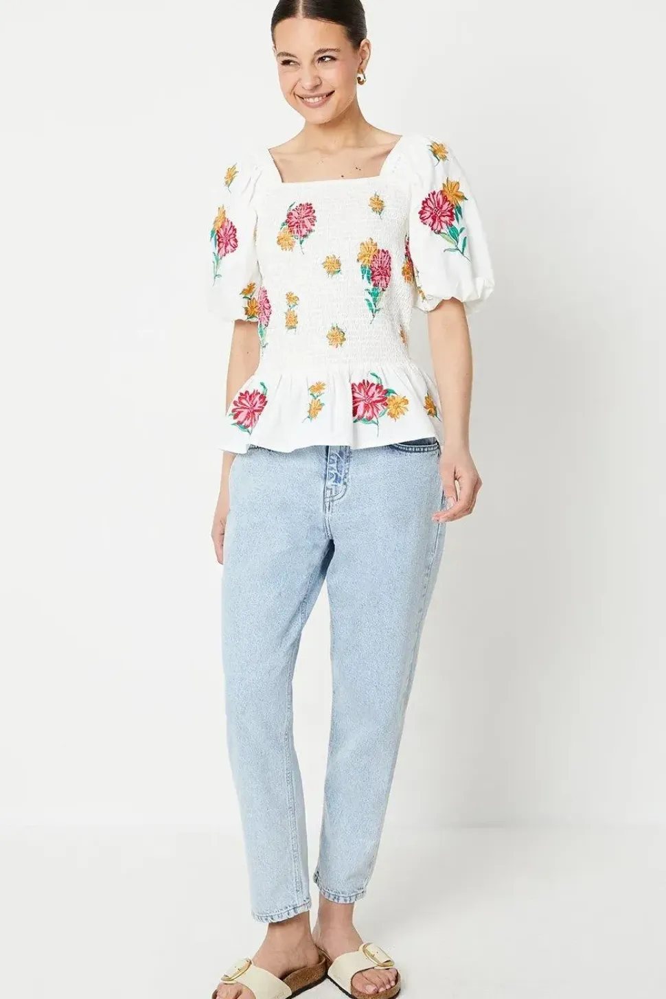 Floral Embroidered Shirred Bodice Blouse