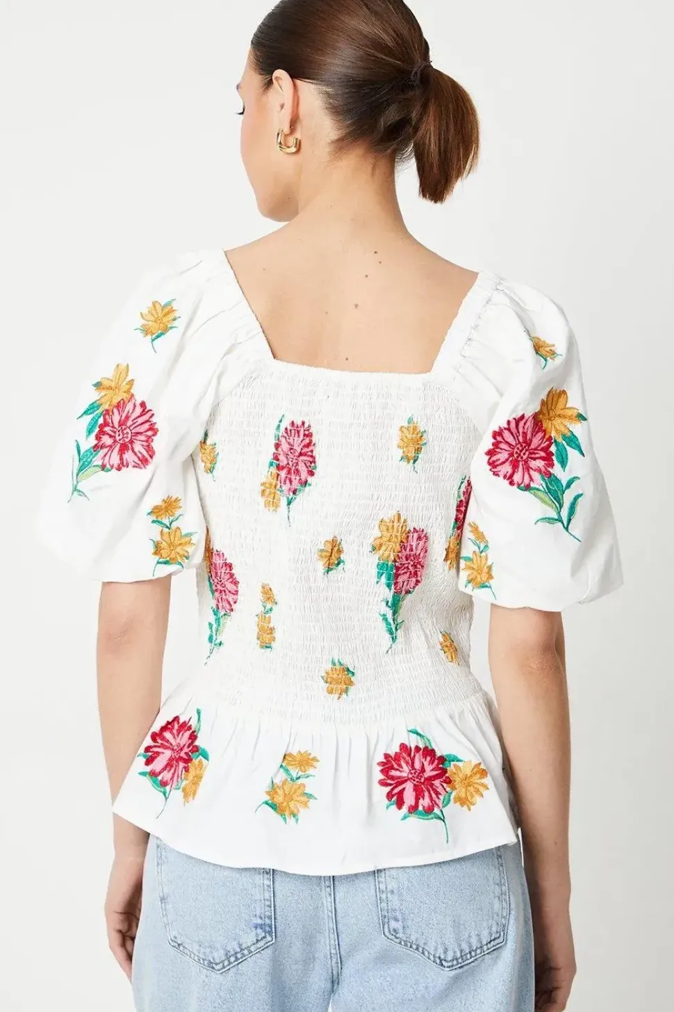 Floral Embroidered Shirred Bodice Blouse
