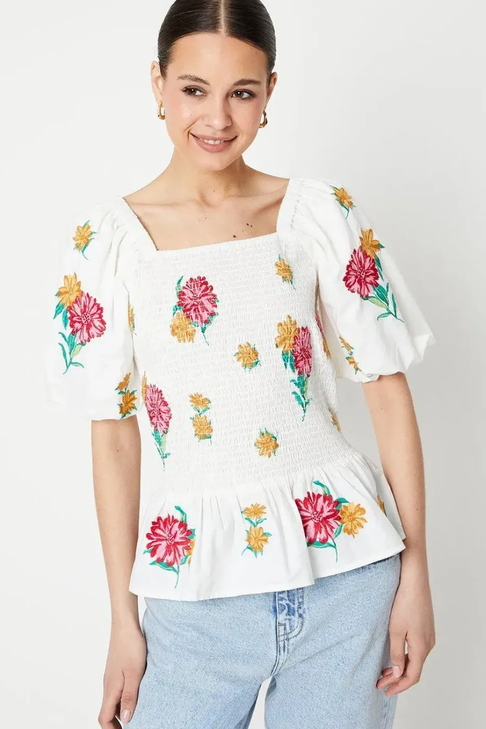 Floral Embroidered Shirred Bodice Blouse