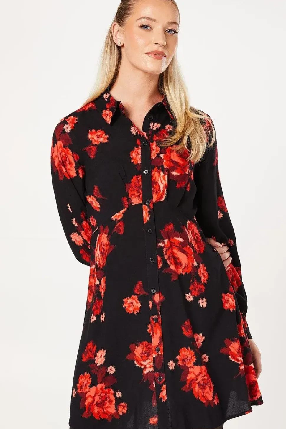 Floral Empire Half Placket Mini Shirt Dress