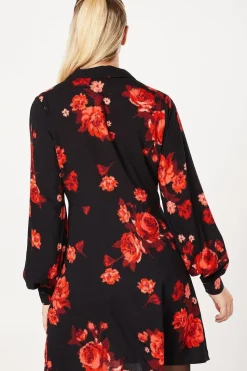 Floral Empire Half Placket Mini Shirt Dress