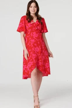 Floral 1/2 Flare Sleeve Wrap Dress