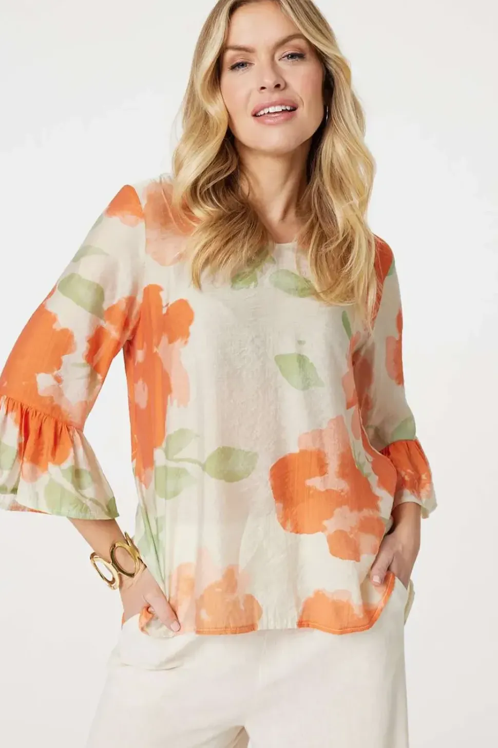 Floral Flute Sleeve High Low Blouse