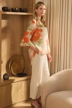 Floral Flute Sleeve High Low Blouse