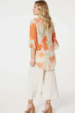 Floral Flute Sleeve High Low Blouse