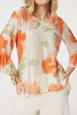Floral Flute Sleeve High Low Blouse
